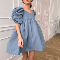 French V bubble sleeve loose commuter doll skirt in a short A - word temperament dress