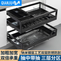 Shallow Basket Kitchen Cabinet 304 Stainless Steel Double Layer Buffer Drawer Kitchen Cabinet Seasoning Rack Dishes Basket Built-in