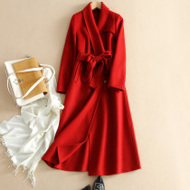 Red double-sided cashmere coat women autumn and winter 2021 new high-end water ripple temperament medium long woolen coat