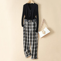 Long sleeve short knitted cardigan top Plaid casual pants early autumn Net red fried street two-piece set 2021 New