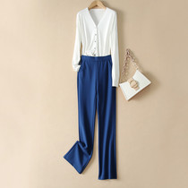 Early autumn light ripe style white knitted cardigan long sleeve blue trousers slim straight trousers two-piece female