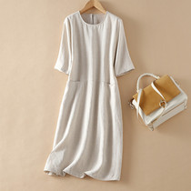 2022 Summer Elegant High-end Original Minima Comfort Linen Dress Round Collar Commute Temperament Cotton Linen Dress