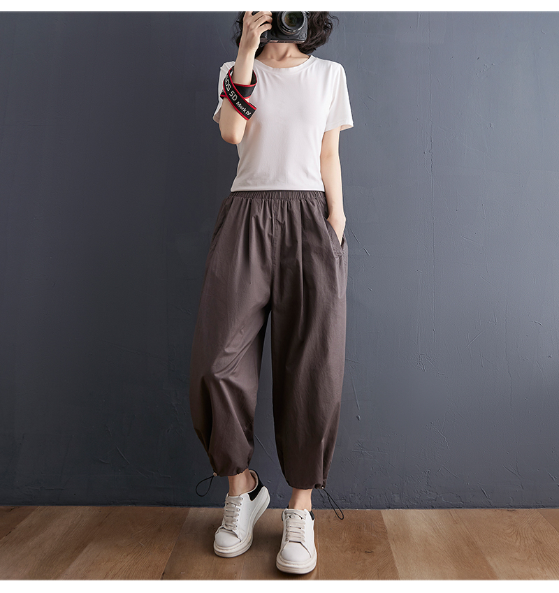 实拍复古全棉休闲裤女士松紧腰显瘦阔腿裤宽松百搭抽绳九分灯笼裤