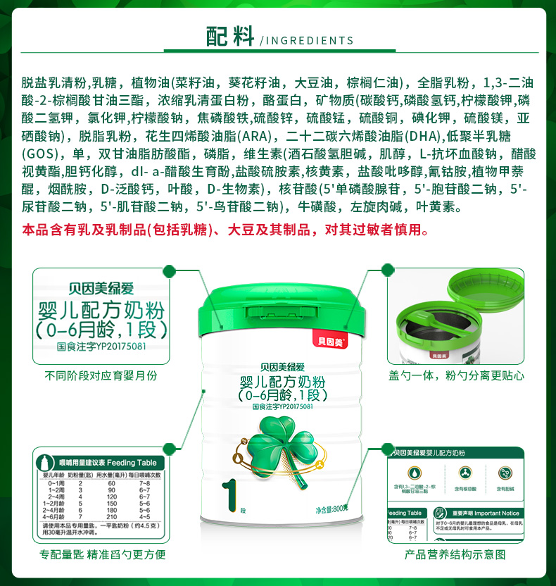贝因美绿爱1段婴儿配方奶粉爱尔兰原罐原装进口800g克/罐 添加opo