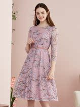 Collettier 2021 new lace embroidered dress female summer slim temperament elegant French pink lace skirt