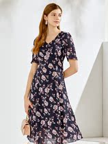 Collettier 2021 womens summer temperament retro mid-length high-waist V-neck floral tea break dress skirt