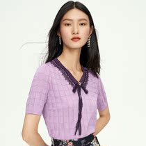 Collettier 2021 new short-sleeved knitted top womens summer thin temperament elegant purple v-neck knitted top