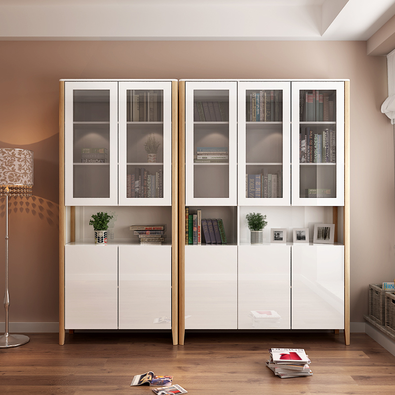 书柜 简约现代烤漆北欧实木书柜带玻璃门书架两