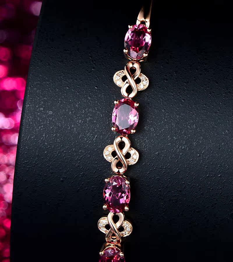 米莱珠宝 3克拉粉红碧玺手链 18k金镶嵌6分钻石手饰 彩色宝石