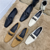 2022INS new dermis womens shoes sloth square head two wear Inn wind small leather shoes coarse heel 100 lap chain single shoe