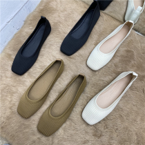 chic Korean square head womens shoes new flying loom shoes flat bottom single shoe woman 2022 spring style retro knitted grandma cloth shoes
