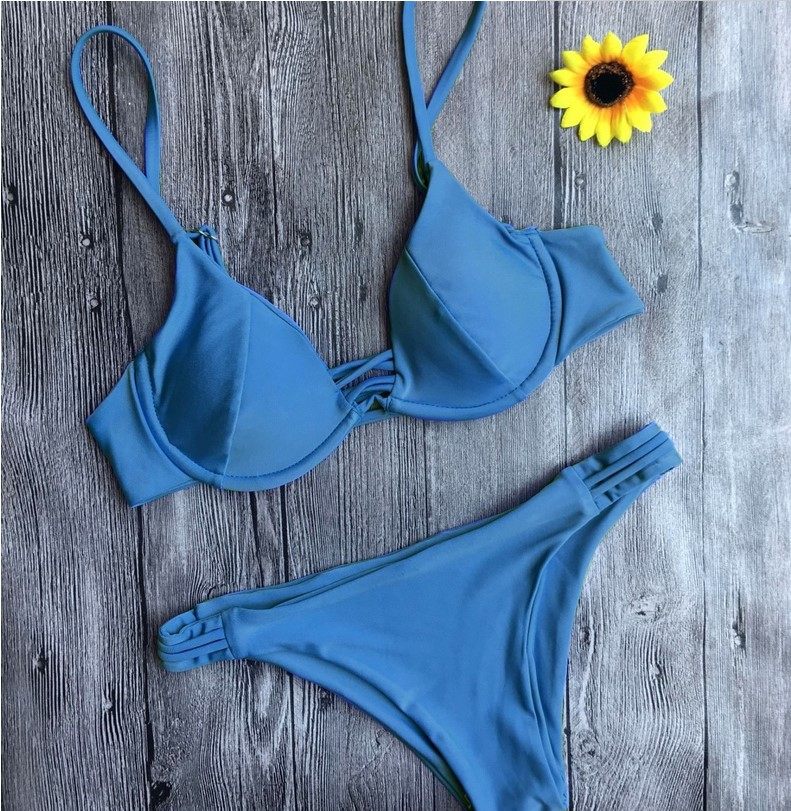 2017旅游沙滩清新天蓝色绷带女分体泳衣性感聚拢比基尼带钢圈胸垫