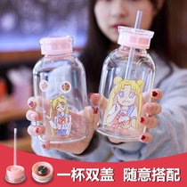 Cute girl glass large capacity portable water cup Creative teacup summer male and female students net red straw cup