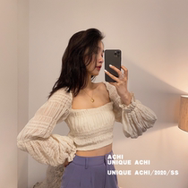 ACHI Daye pool white one-shoulder top womens bubble sleeves French square collar elastic short air waist Chiffon shirt