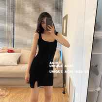 ACHI Daiya Pool black tank top suspender dress short womens summer waist knitted square collar temperament slim skirt