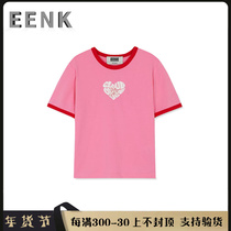 ( Domestic spot )EENK short-sleeved T-shirt female angel pink love letter prints hitting the color shirt Xia Xin