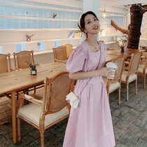 Pink Bubble Cuff Dress Woman Summer 2021 New Cashews slimmer French style sweet and beautiful first love square collar a dress