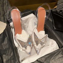 2021 summer new bow rhinestone high-heeled shoes pointed toe sexy transparent crystal shoes Baotou fairy style sandals