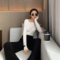 South Korean slanted collar lined shoulder long sleeve T-shirt female spring autumn 2022 new knitted undershirt design with small crowdblouse