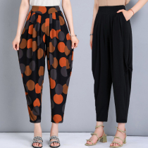 Middle-aged summer womens pants thin large size high waist mom loose Harem pants old granny pants ice silk flower pants