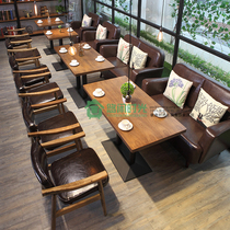 Retro solid wood bar card seat leisure coffee theme western restaurant sofa hot pot milk tea shop table and chair combination