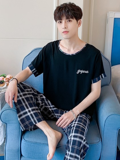 남성 잠옷, 여름 짧은팔 바지, 면화 실크 느슨한면 실크 슈트 얇은 스타일, 십대 인공 면화 의류 증가 남성 잠옷, 여름 짧은팔 바지, 면화 실크 느슨한면 실크 슈트 얇은 스타일, 십대 인공 면화 의류 증가