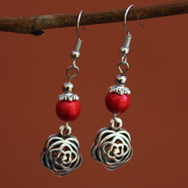 Yunnan Minority Wind Ornaments Personality Female Creative Slim Silver Ear Rings Hidden Silver Ear Ring Earrings Mini Red