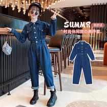 Girl Casual Tooling Conjoined Pants Woman Great Boy Pants Pair Body Pants Foreign Air Children Long Sleeve Jeans One-piece Clothes
