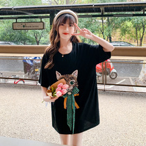 Fat girl short sleeve T-shirt net red foreign air chubby girl loose blouse Summer eldest child with long cartoon hit bottom t