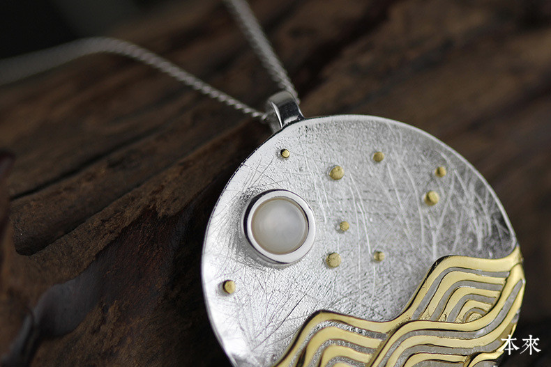 925纯银日本富士山星月夜原创设计民族风圆形项链女吊坠 精制工艺