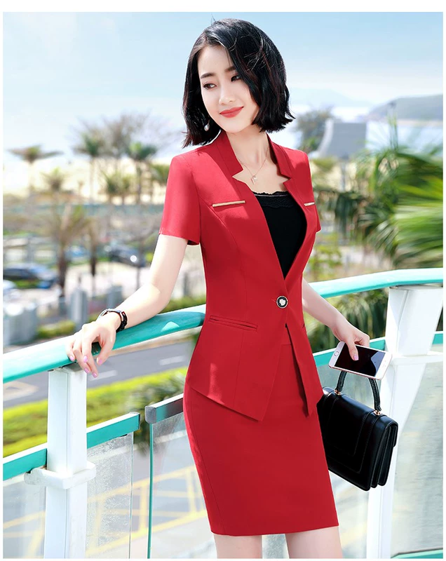 Mùa hè ngắn tay phù hợp với phụ nữ mỏng chuyên nghiệp mặc phụ nữ tính khí khách sạn quần áo làm việc phù hợp với quầy lễ tân quần áo làm việc - Business Suit