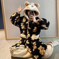Black Bear Coral Fleece Pajamas Women Autumn and Winter Cute Thickened Plush Long Hooded Nightgown Set Home Service