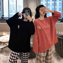 Cat and mouse plaid cartoon cloth bag pyjamas pure cotton lady Spring and autumn Korean version round collar two sets of long sleeve home clothes