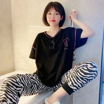 D Zebra Mark Short Sleeve Pyjamas Woman Summer Pure Cotton Mens Round Collar Thin Loose couple suit can be worn outside the home clothes