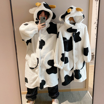 Cow cartoon flannel padded velvet pajamas set cute female autumn and winter coral velvet home wear