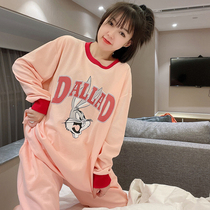 Rabbit pajamas womens spring and autumn long-sleeved pure cotton cute can be worn outside loose mid-length casual home service suit