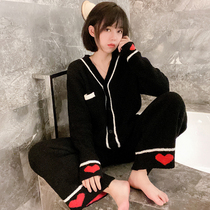 Love pajamas womens winter coral velvet thickened warm cardigan autumn and winter long sleeves can be worn outside the net red home suit suit