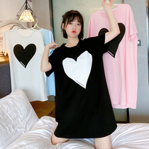 Large Loving Short Sleeves Pure Cotton Sleeping Skirt Woman Summer mid length Korean version Loose Sleeping Clothing Thin and cute online Red Home Residence Clothes