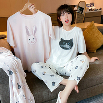 Kitty Rabbit Pyjamas Woman Summer Short Sleeve Long Pants Modale Thin style Loose Cute Round Collar Home Suit Suit