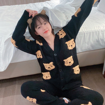 Cute bear cardigan pajamas womens winter soft long-sleeved thickened suit warm coral velvet autumn and winter home clothes
