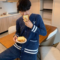 Cartoon pajamas mens winter long-sleeved soft thickened cardigan plus velvet Korean version coral velvet autumn and winter home wear suit