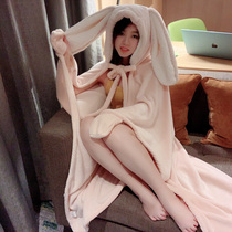 Rabbit ear gown female winter coral velvet warm thick shawl pajamas bathrobe cute autumn winter rabbit home clothes