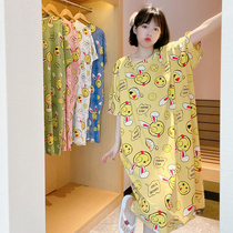 Rabbit Ears Smiley Face Short Sleeve Cute Sleeping Dress Woman Summer Pure Cotton Medium Long Loose Sleeping Clothing 2021 New Home Clothes