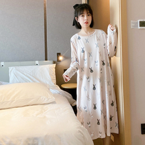 Cat rabbit long-sleeved nightdress womens spring and summer cotton long section over the knee cute pajamas autumn thin section loose home service