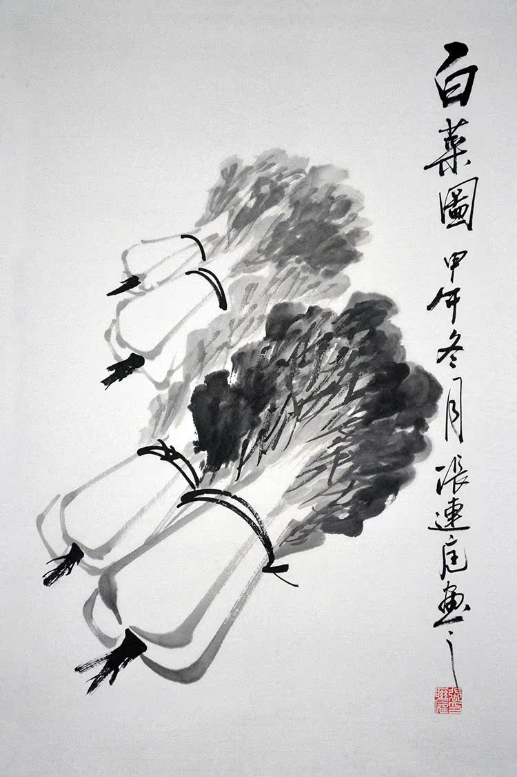 百财归来名家纯手绘水墨白菜图百财国画花鸟字画 竖幅 事事如意