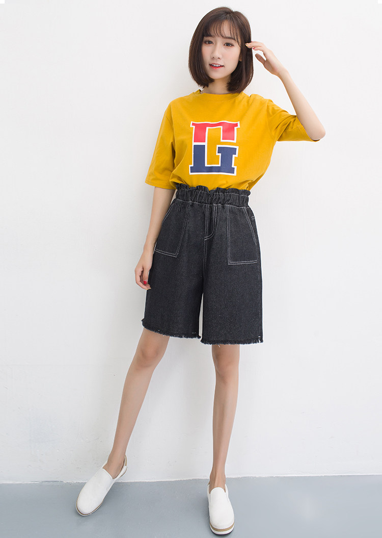 夏季新款胖mm超大码显瘦松紧腰牛仔五分裤女宽松休闲中裤阔腿裤夏