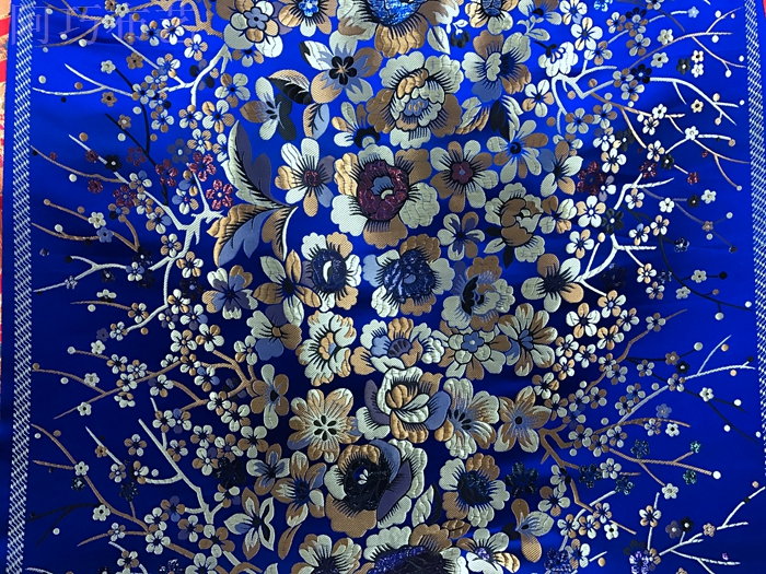 高档织锦缎金丝蓝色富贵花古装丝绸绸缎练功唐装布料面料