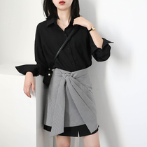 CHICVEN2020 spring retro Hong Kong style loose mid-length shirt irregular a-line skirt two-piece set