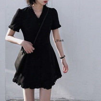 CHICVEN Island Vintage Dark Street Wind Wooden Ear Side V-neck Chiffon Dress Flowers A- line dress Summer