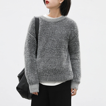 CHICVEN vintage vertical stripes thin imitation mink velvet wool knitted pullover sweater round neck top